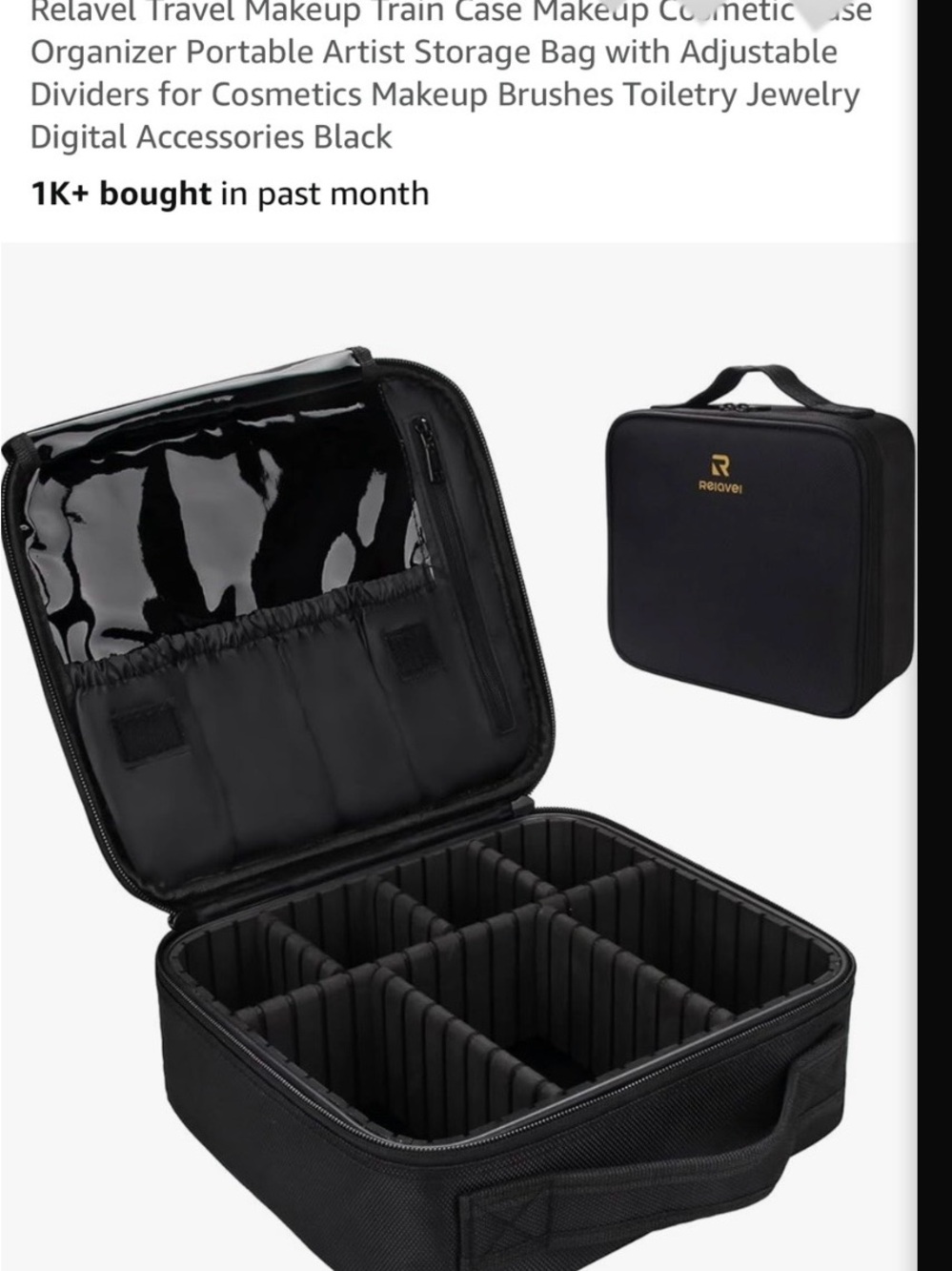 Relavel Black Travel Makeup Train Case with Adjustable Dividers